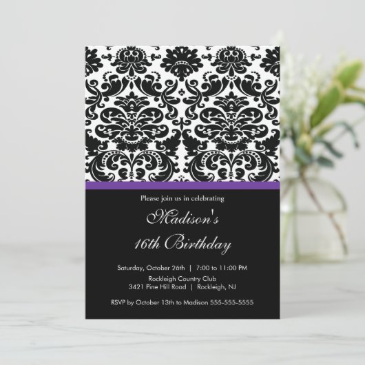 Trendy Damask Sweet Sixteen Birthday Uitnodiging (Staand voorkant)