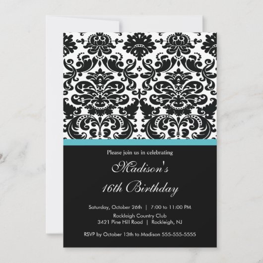 Trendy Damask Sweet Sixteen Birthday Uitnodiging (Voorkant)