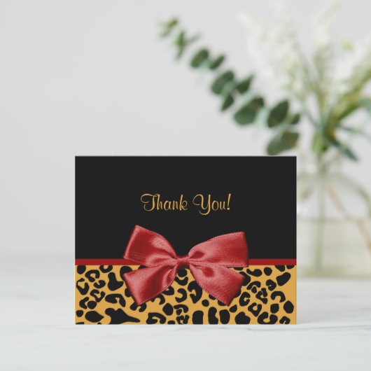 Trendy Dank u zwart en goud Leopard rood lint Briefkaart (Staand voorkant)