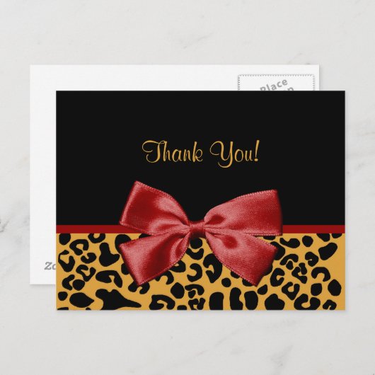 Trendy Dank u zwart en goud Leopard rood lint Briefkaart (Voorkant / Achterkant)
