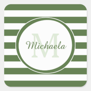 Trendy Dark Green Awning Stripes Monogram en naam Vierkante Sticker