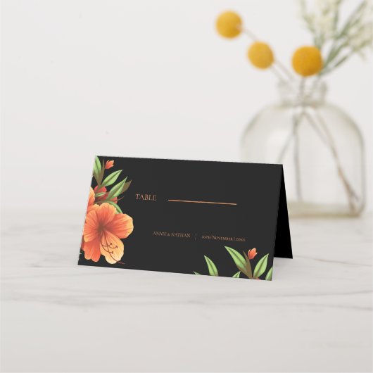 Trendy Dark Moody Sinaasappel Bloemen Huwelijk Plaatskaartje (Voorkant)