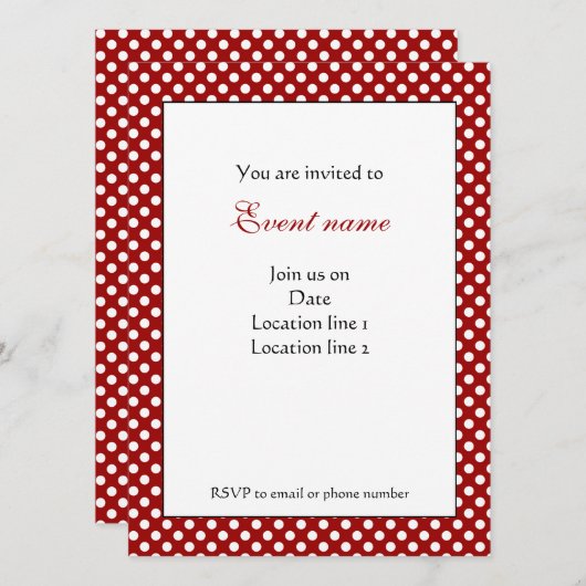 Trendy Dark Red en White polka dots Invitation Kaart (Voorkant / Achterkant)