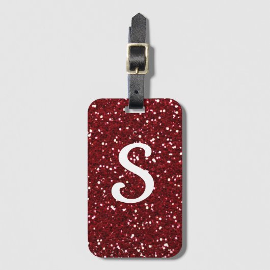 Trendy Dark Red Glitter Monogram Initiaal Bagagelabel (Voorkant (verticaal))