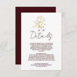 Trendy Deep Burgundy Gold Monogram Wedding Details Informatiekaartje