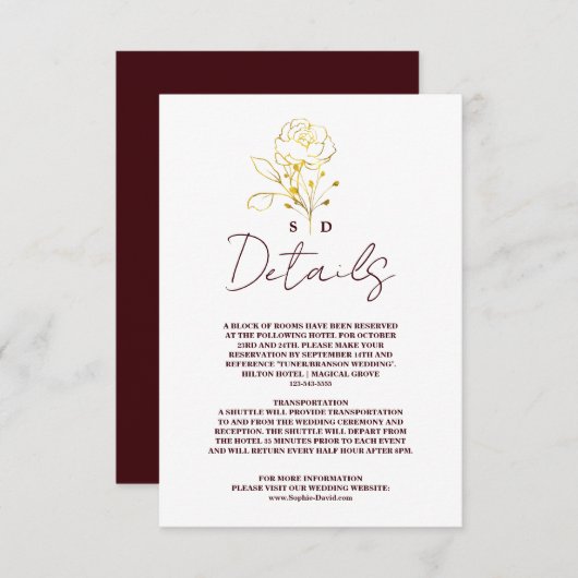 Trendy Deep Burgundy Gold Monogram Wedding Details Informatiekaartje (Voorkant / Achterkant)