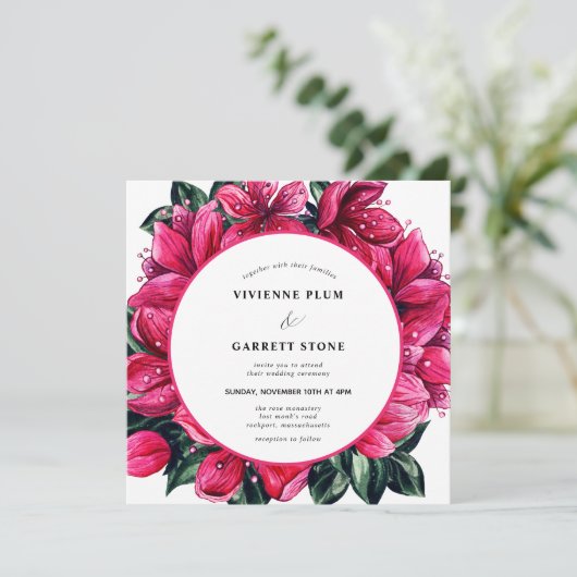 Trendy Deep Pink Floral Wedding Invitation Kaart (Staand voorkant)