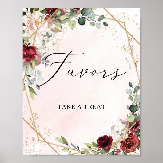 Trendy deep red merlot floral gold favors sign poster (Voorkant)