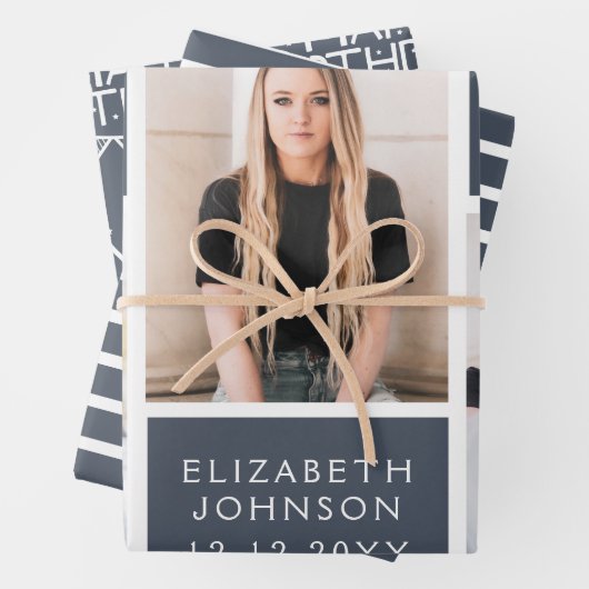 Trendy Denim Blue Photo Collage 21st Birthday Inpakpapier Vel (In situ)