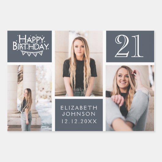 Trendy Denim Blue Photo Collage 21st Birthday Inpakpapier Vel (Voorkant)