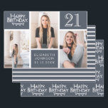 Trendy Denim Blue Photo Collage 21st Birthday Inpakpapier Vel<br><div class="desc">Verpak die cadeaus in stijl met dit gecoördineerde verjaardagspapierpakket. Het eerste vel is voorzien van een trendy fotocollage met ruimte voor drie foto's. U kunt de naam toevoegen van de persoon die zijn verjaardag viert, evenals zijn leeftijd en verjaardagsdatum. Het tweede vel is een coördinerende streep. Het derde vel is...</div>