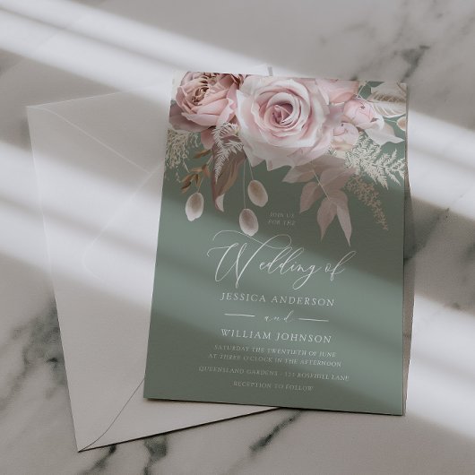 Trendy Designer Blush & Sage Wedding Kaart