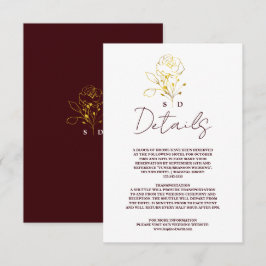 Trendy Diep Bourgondië Goud Monogram Trouwdetails Informatiekaartje