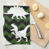 Trendy Dinosaur Silhouettes & Green Chevrons Theedoek (Quarter Fold)