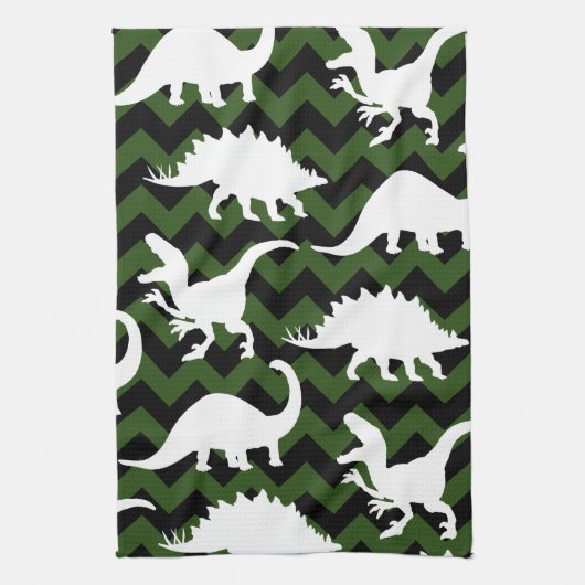 Trendy Dinosaur Silhouettes & Green Chevrons Theedoek (Verticaal)