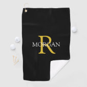 Trendy DIY Monogram & naam, Gold/White Text, zwart Golfhanddoek (Insitu)