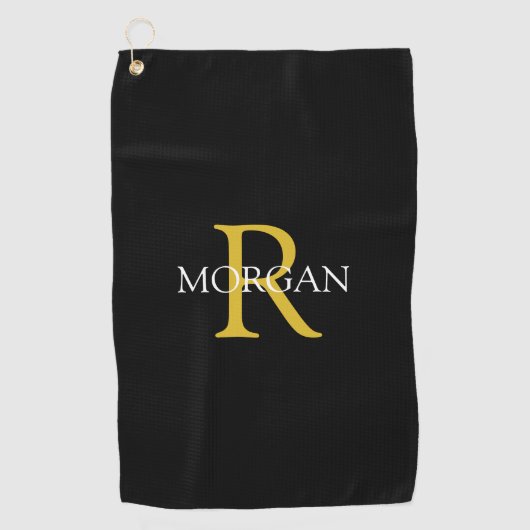 Trendy DIY Monogram & naam, Gold/White Text, zwart Golfhanddoek (Voorkant)