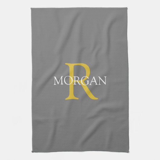 Trendy DIY Monogram & Naam, Goud/Wit Tekst, Grijs Theedoek (Verticaal)