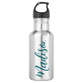 Trendy Donker Turquoise Handgeschreven Script Cust Waterfles (Voorkant)