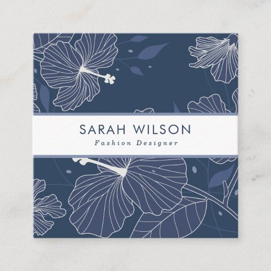 Trendy Donkerblauw Wit Hibiscus Bloemen QR Code Vierkante Visitekaartje (Voorkant)
