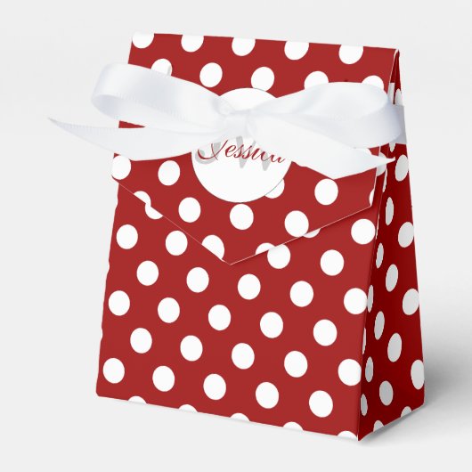 Trendy donkerrood en wit stippen Monogram Bedankdoosjes (Voorkant Zijde)