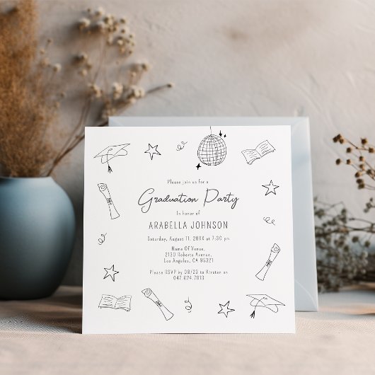 Trendy Doodle Graduation Party Feestdagenkaart