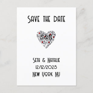Trendy doodle liefde hart zwart wit rood art deco briefkaart