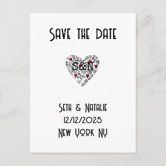 Trendy doodle liefde hart zwart wit rood art deco briefkaart (Voorkant)