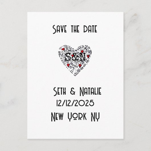 Trendy doodle liefdeshart bewaar de datum briefkaart (Voorkant)