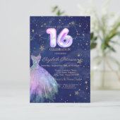 Trendy Dress Stars Navy Blue Holographic Sweet 16 Kaart (Staand voorkant)