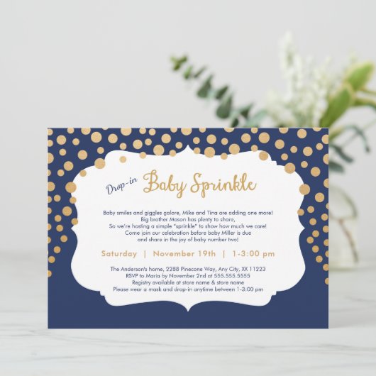 Trendy drop-in jongen baby sprinkle uitnodigingen (Staand voorkant)