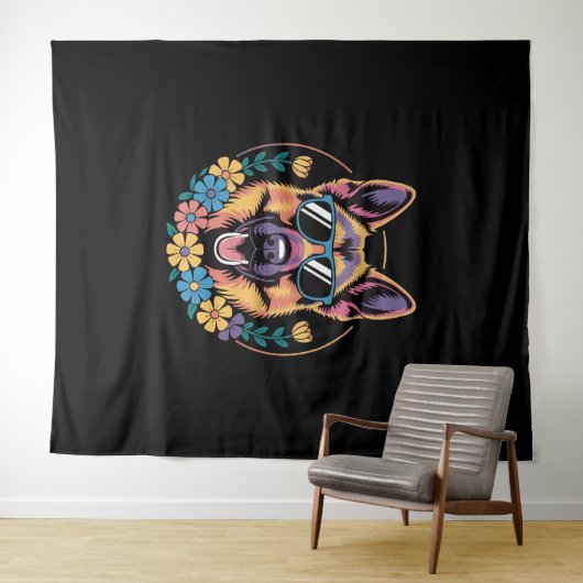 Trendy Duitse herder in bloemenstijl Wandkleed (In Situ (horizontaal))