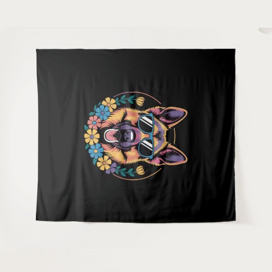 Trendy Duitse herder in bloemenstijl Wandkleed (Voorkant (horizontaal))