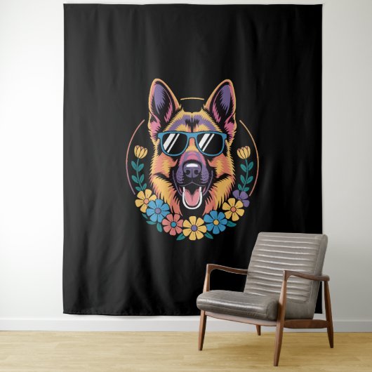 Trendy Duitse herder in bloemenstijl Wandkleed (In situ)