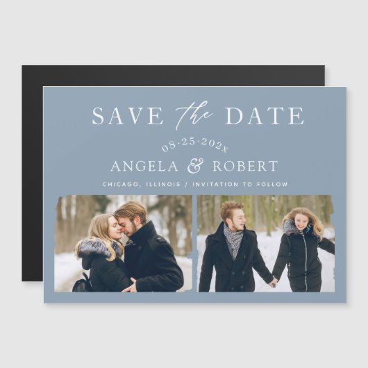 Trendy Dusty Blue 2 Foto Save the Date Magnet (Voorkant / Achterkant)