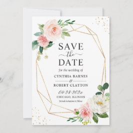 Trendy Dusty Blue Blush Pink Floral Gold Geometric Save The Date