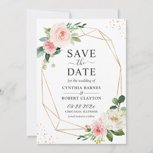 Trendy Dusty Blue Blush Pink Floral Gold Geometric Save The Date (Voorkant)