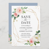 Trendy Dusty Blue Blush Pink Floral Gold Geometric Save The Date (Voorkant / Achterkant)