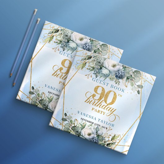 Trendy Dusty Blue Flowers Glitter Frame 90th  Gastenboek