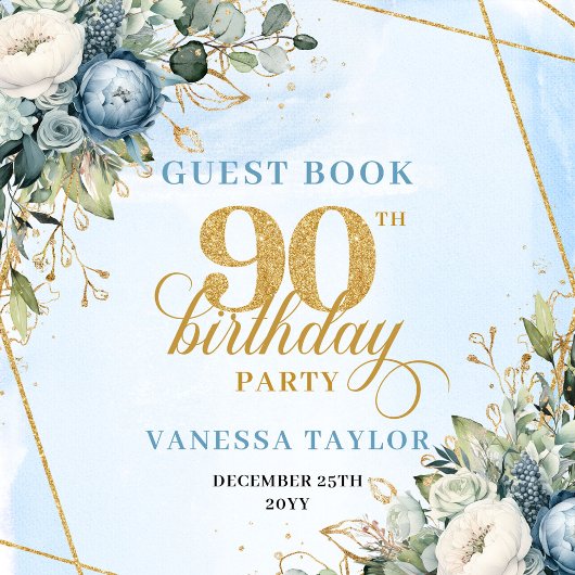 Trendy Dusty Blue Flowers Glitter Frame 90th Gastenboek