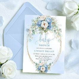 Trendy Dusty Blue Flowers Gold Baby Shower Card Kaart