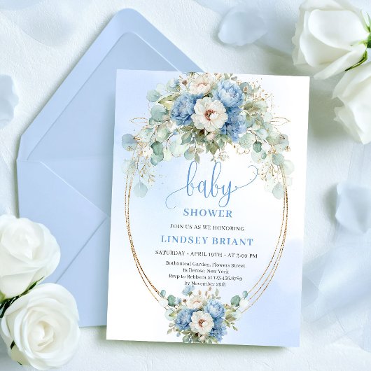Trendy Dusty Blue Flowers Gold Baby Shower Card Kaart