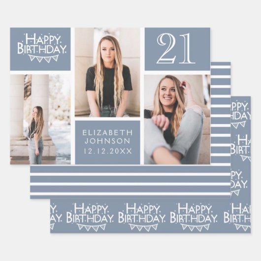 Trendy Dusty Blue Photo Collage 21st Birthday Inpakpapier Vel (Set)