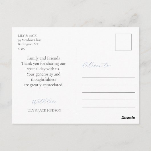 Trendy Dusty Blue Script Foto Bruiloft Dank u Briefkaart (Achterkant)