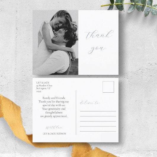 Trendy Dusty Blue Script Foto Bruiloft Dank u Briefkaart