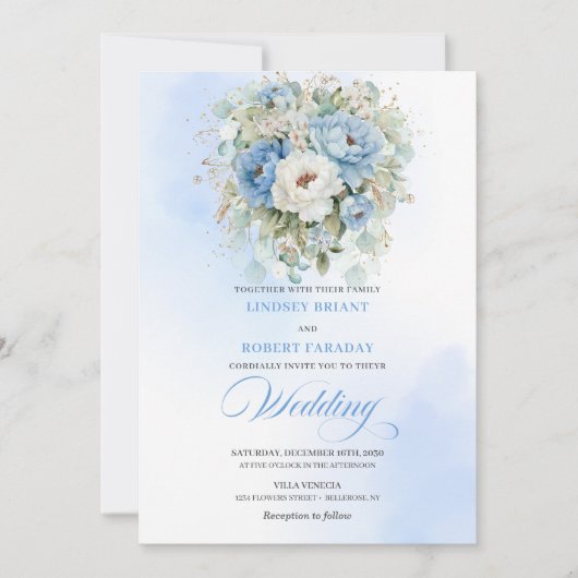 Trendy Dusty Blue White Peony Wedding Invitation Kaart (Voorkant)
