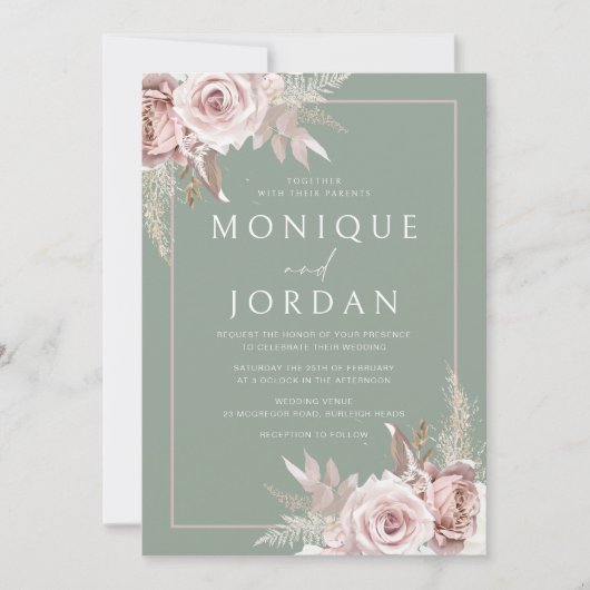 Trendy Dusty Roos Blush & Sage Bruiloft Kaart (Voorkant)