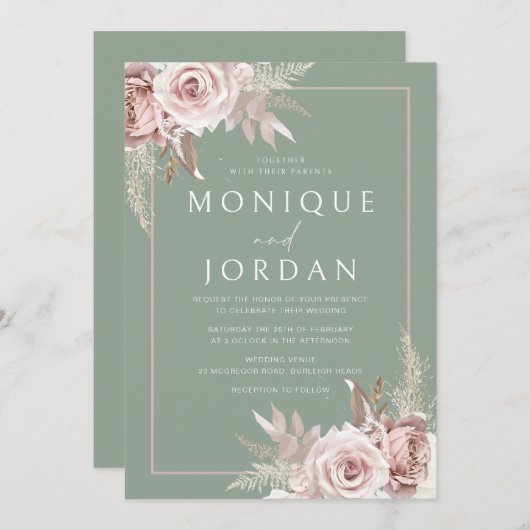 Trendy Dusty Roos Blush & Sage Bruiloft Kaart (Voorkant / Achterkant)