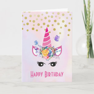 Trendy Eenhoorn met Bloemen Vlinders & Confetti Kaart
