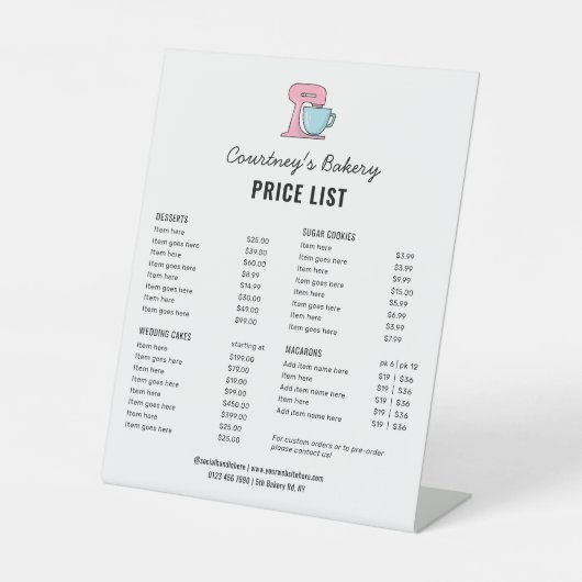 Trendy Eenvoudige Bakkerij Clipart Cakes Prijslijs Reclamebord Met Voetstuk (Voorkant)